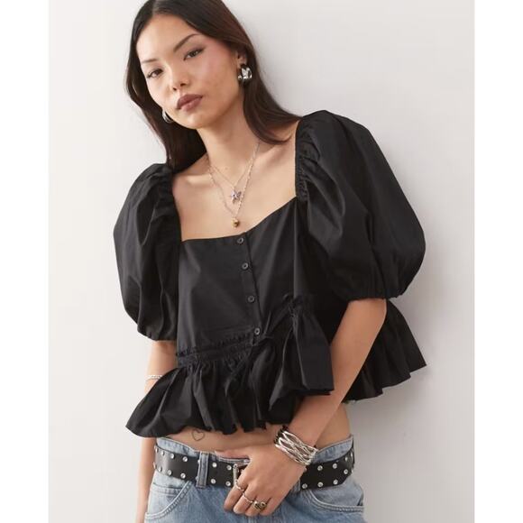 ASOS Monki Black Peplum Top Size XS Puff Sleeve Milkmaid Shirt Button Front - Picture 1 of 12